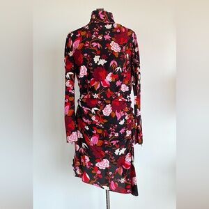 NEW A.L.C. Black Red Floral Print Marcel Mock Neck Ruched Stretch Silk Dress